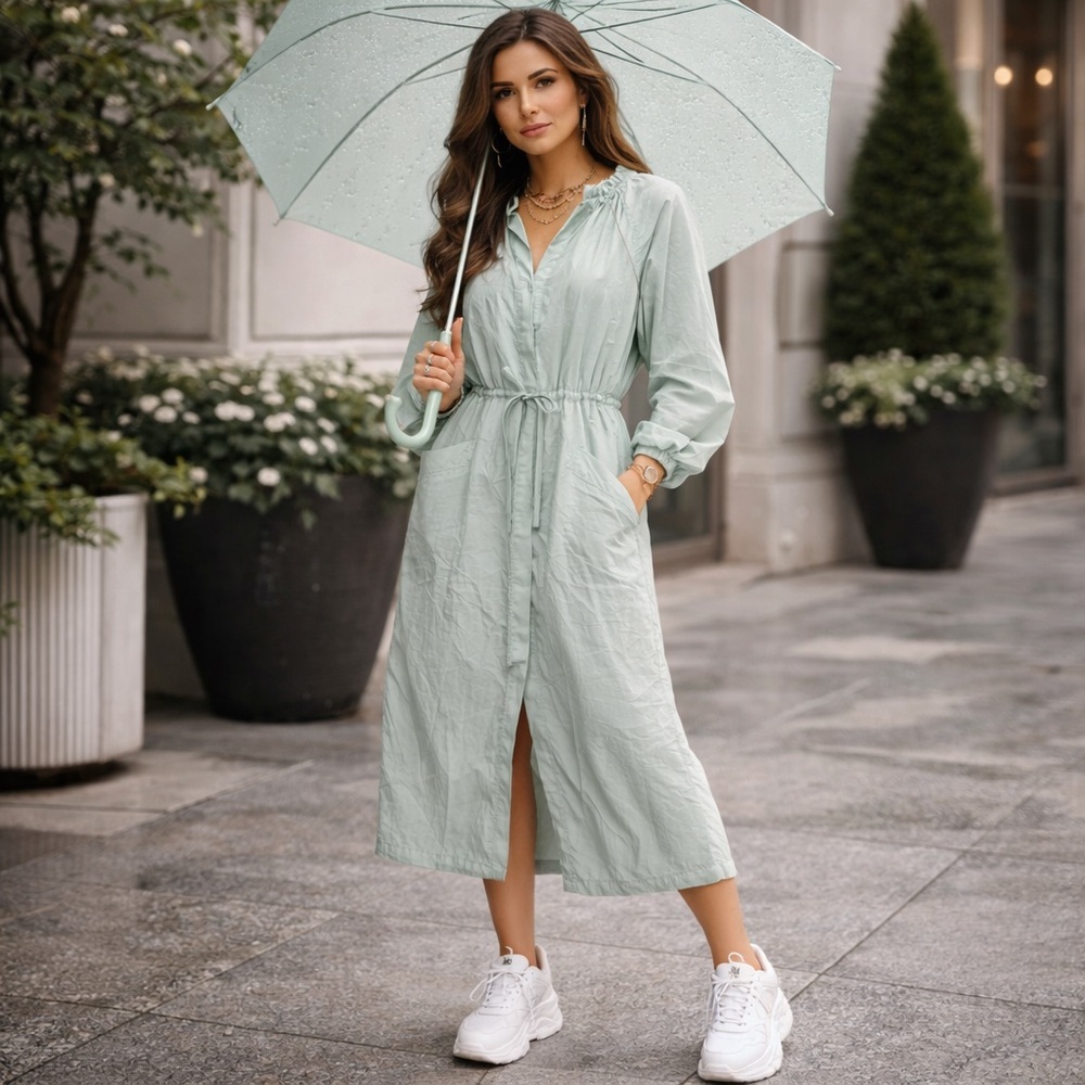 Open Edit Nylon Utility Midi Dress Mint Water-Resistant Tie Waist Gorpcore Small